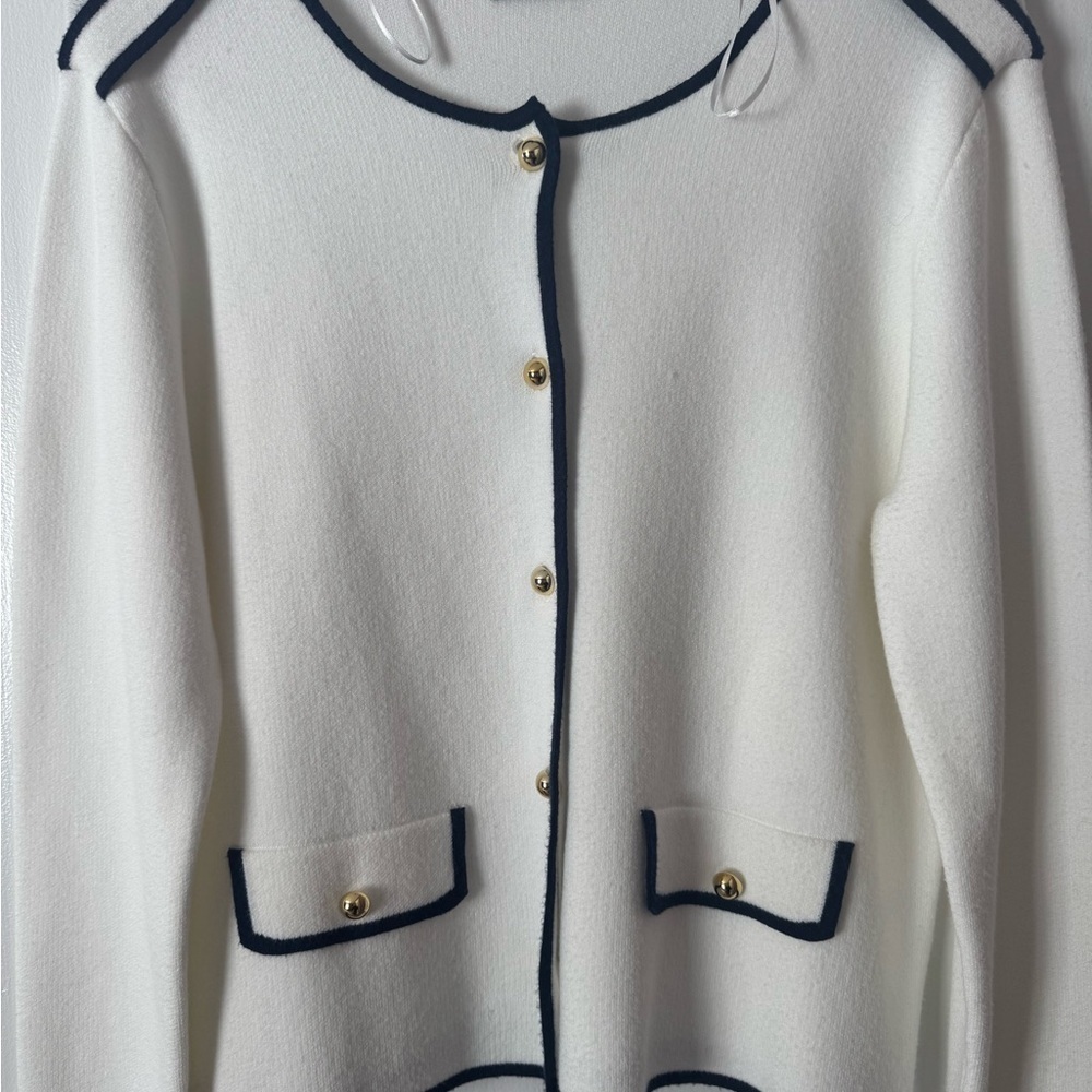 T Tahari Women's Cardigan Contrast Trim Button-Front Cardigan - Picture 3 of 14